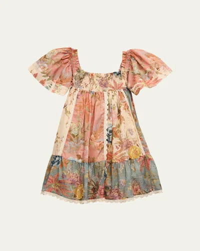 ZIMMERMANN GIRL'S TALLOW SMOCKED FLORAL-PRINT PATCHWORK-PRINT FRILL DRESS
