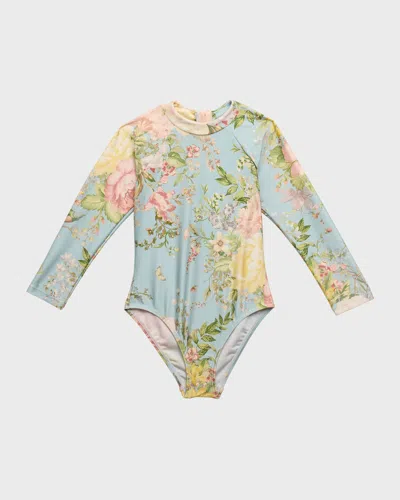 Zimmermann Kids' Girl's Waverly Floral-print Swimsuit In Blue