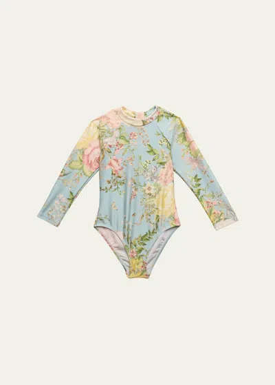 Zimmermann Kids' Girl's Waverly Floral-print Swimsuit In Light Blue Floral