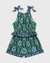 Zimmermann Girl's Wylie Frill Halter Playsuit In Green/blue Ikat
