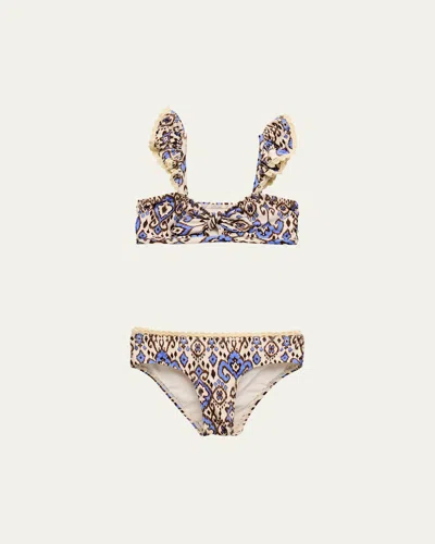 Zimmermann Kids' Girl's Wylie Front Tie Bikini In Cornflower Ikat