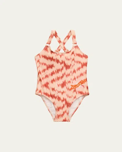 Zimmermann Kids' Girl's Wylie Racer Back Logo-print Swimsuit In Pink Ikat