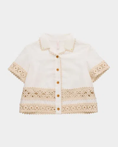 Zimmermann Kids' Girl's Wylie Scallop Trim Shirt In Cream