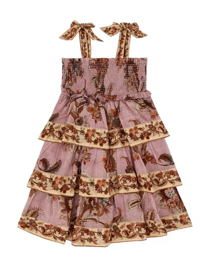 Zimmermann Girls' Decorative Bow Earrings Ruffled Skirt Gathered Bodice Dress In Viola