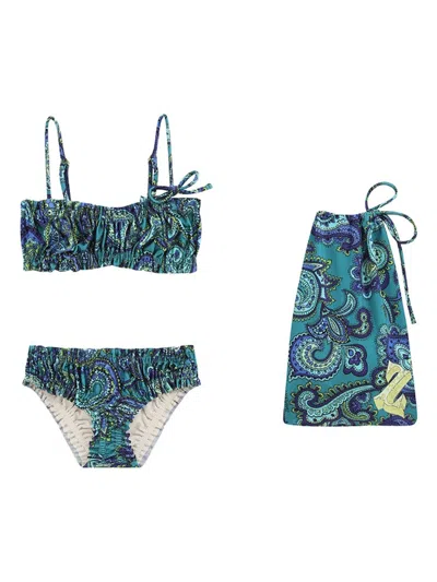Zimmermann Kids' Girls Gathered Blue Paisley Bikini
