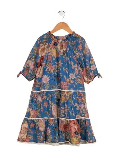 Pre-owned Zimmermann Kids' Girls' Pleated Floral Print Dress In Blue