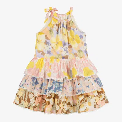Zimmermann Babies' Girls Yellow Floral Cotton Tiered Dress In Multi