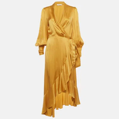 Zimmermann Gold Satin Ruffle Wrap On Midi Dress In Multi
