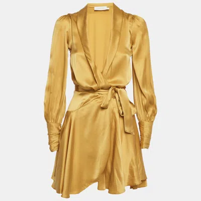 Pre-owned Zimmermann Gold Silk Wrap Ruffle Mini Dress S