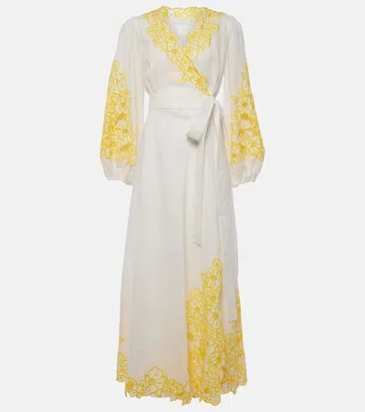 Zimmermann Golden Embroidered Linen Maxi Dress In White