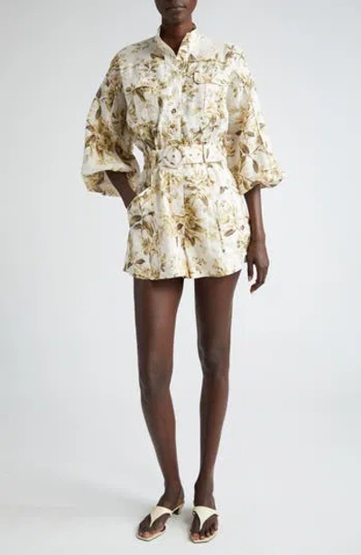 Zimmermann Golden Floral Print Belted Long Sleeve Linen Romper In Multicolour