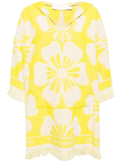 Zimmermann Frayed Cotton-terry Jacquard Hooded Coverup In Yellow