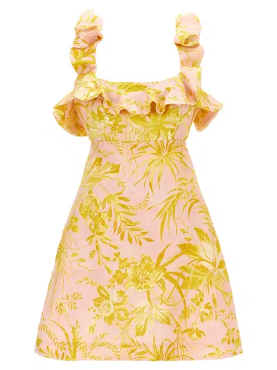 Zimmermann Golden Ruffle Mini Dress Pink/gold Floral In Pink Yellow