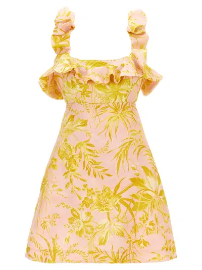 Zimmermann Golden Bow-detailed Open-back Ruffled Floral-print Linen Mini Dress In Multi