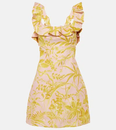 Zimmermann Golden Tropical Print Ruffle Linen Minidress In Pink/gold Floral