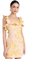 Zimmermann Golden Bow-detailed Open-back Ruffled Floral-print Linen Mini Dress In Pink/gold Floral