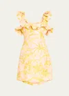 Zimmermann Golden Bow-detailed Open-back Ruffled Floral-print Linen Mini Dress In Pink/gold Floral