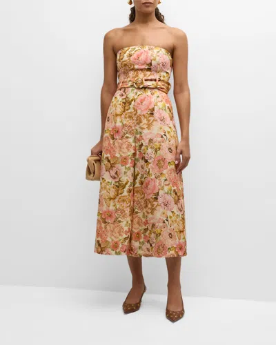 Zimmermann Golden Belted Strapless Linen Jumpsuit In Pink Rose