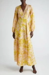 Zimmermann Golden Tropical Floral Long Sleeve Silk Maxi Dress In Pink/ Gold Floral
