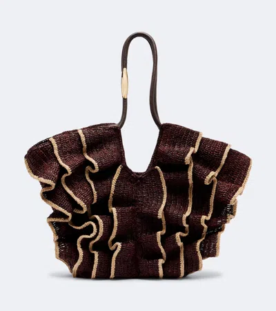 Zimmermann Goldentime Medium Ruffled Raffia Tote Bag In Brown