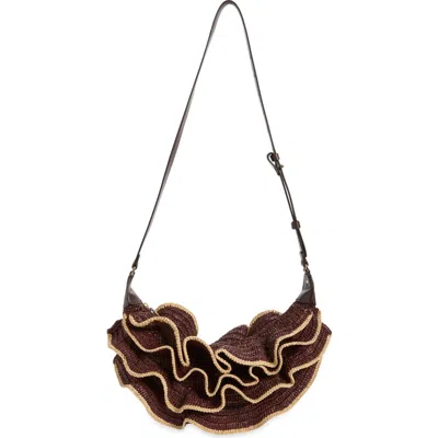 Zimmermann Goldentime Ruffle Woven Raffia Shoulder Bag In Brown