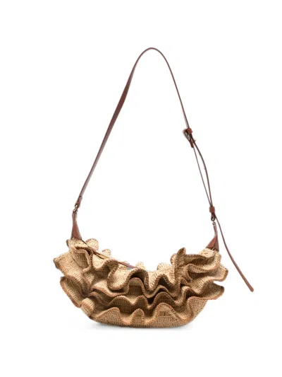 Zimmermann Goldentime Ruffled Raffia Shoulder Bag In Orange