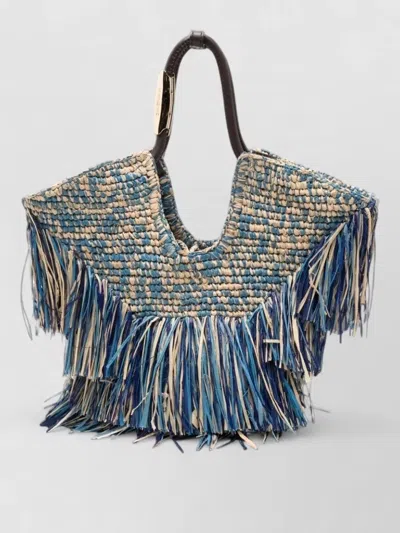 Zimmermann Goldentime Small Raffia Fringe Tote Bag In Blue