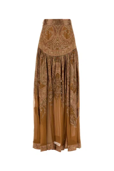 Zimmermann Printed Satin Memento Skirt In Brown