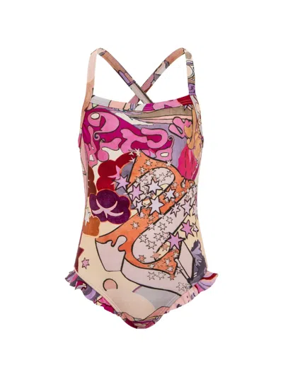 Zimmermann Kids' Graphic-print Ruffled Swimsuit In Pink