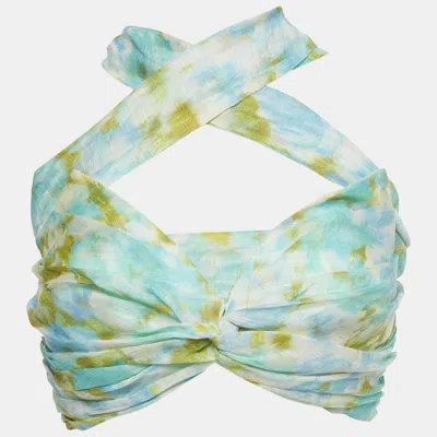 Pre-owned Zimmermann Green Abstract Print Linen Blend High-tide Crop Top M
