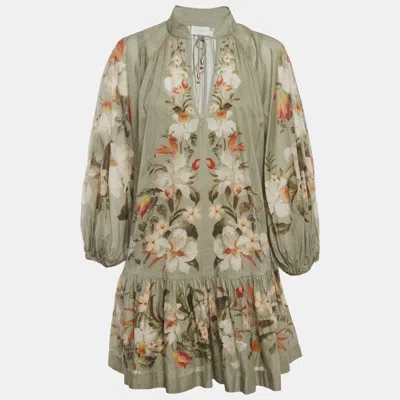 Pre-owned Zimmermann Green Floral Print Cotton Ruffle Mini Dress M