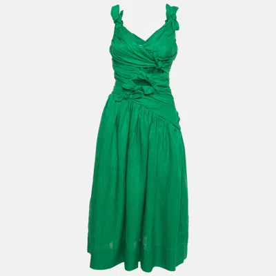 Pre-owned Zimmermann Green Linen Tiggy Bow Midi Dress S