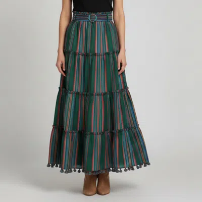 Pre-owned Zimmermann Green Multicolor Stripe Cotton Ruffled Maxi Skirt S