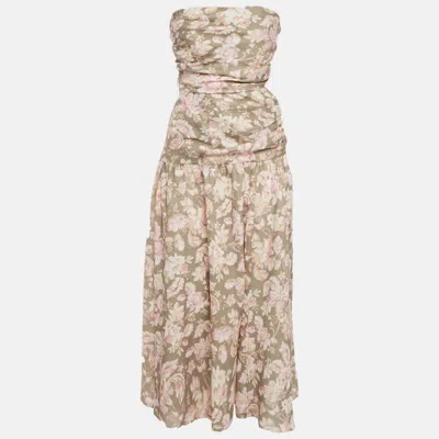 Pre-owned Zimmermann Green Printed Linen Lyre Wrap Tie Side Midi Dress L