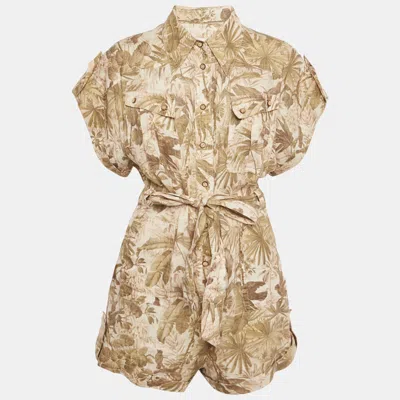 Zimmermann Green Tropical Print Linen Playsuit In Brown