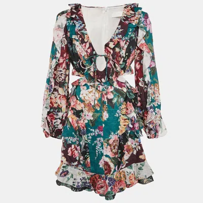 Pre-owned Zimmermann Green/burgundy Floral-print Linen Cut-out Allia Mini Dress M