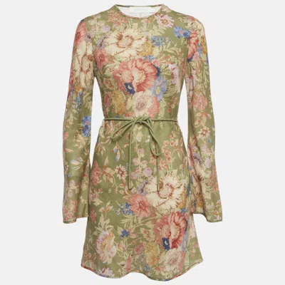 Pre-owned Zimmermann Green/multicolor Floral Print Linen Belted Mini Dress M