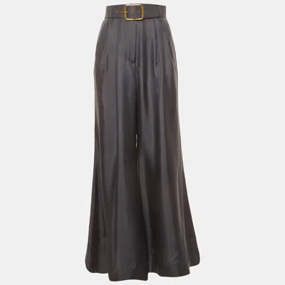 Pre-owned Zimmermann Grey Satin Pleated Wide Leg Pants M