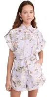 Zimmermann Floral Print Linen Playsuit With Belted Waist And Short Sleeves In Lilac Floral