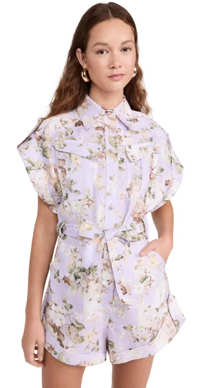 Zimmermann Floral Print Linen Playsuit With Belted Waist And Short Sleeves In Multi