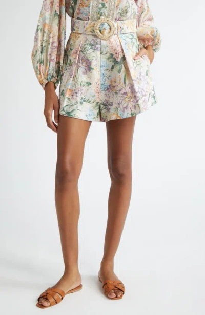 Zimmermann Halliday Floral Belted Linen Shorts In Multi Watercolour Floral