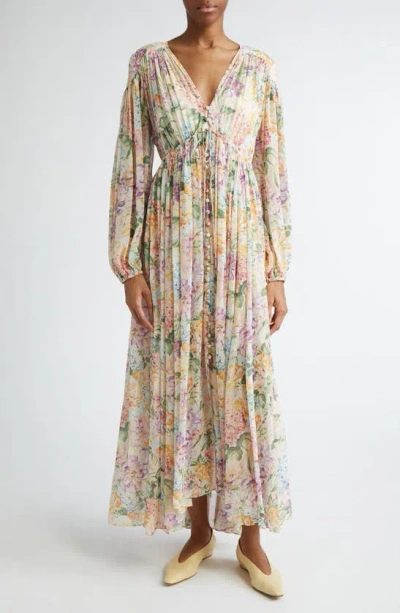 Zimmermann Halliday Floral Gathered Maxi Dress In Multi Watercolour Floral