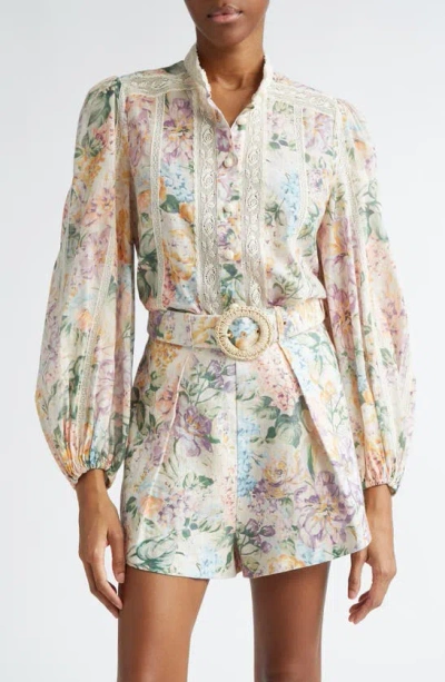 Zimmermann Halliday Floral Lace Trim Balloon Sleeve Cotton Button-up Shirt In Multi Watercolour Floral