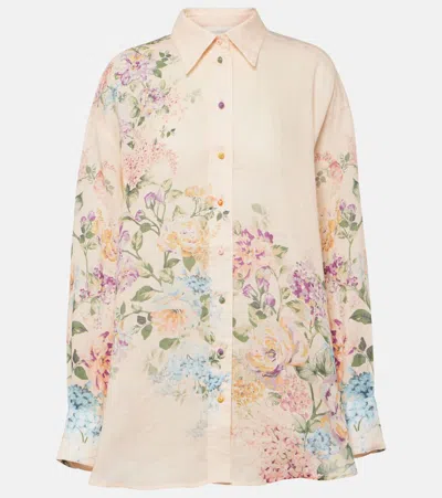 Zimmermann Halliday Relaxed Shirt Cream Watercolour Floral In Pink