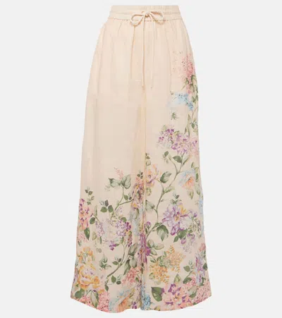 Zimmermann Halliday Floral Linen Wide-leg Pants In Neutrals