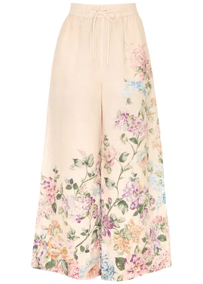 Zimmermann Halliday Floral-print Linen Trousers In Neutral