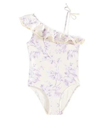 Zimmermann Kids' Halliday Floral Ruffled Swimsuit In Yellow/lilac Floral
