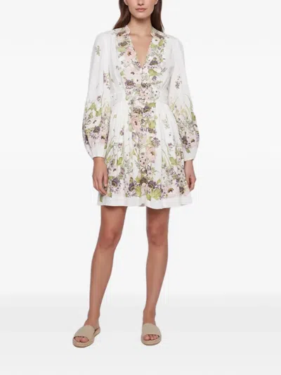 Pre-owned Zimmermann Halliday Floral-print Mini Dress In White