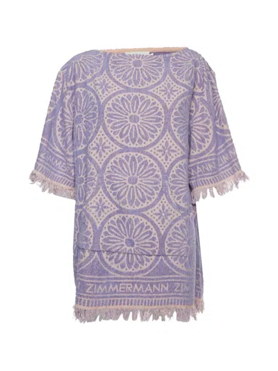 Pre-owned Zimmermann Halliday Fringed Terry Mini Dress In Purple