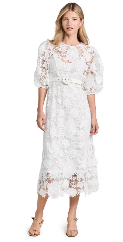 Zimmermann Halliday Belted Recycled-guipure Lace Midi Dress In Ivory